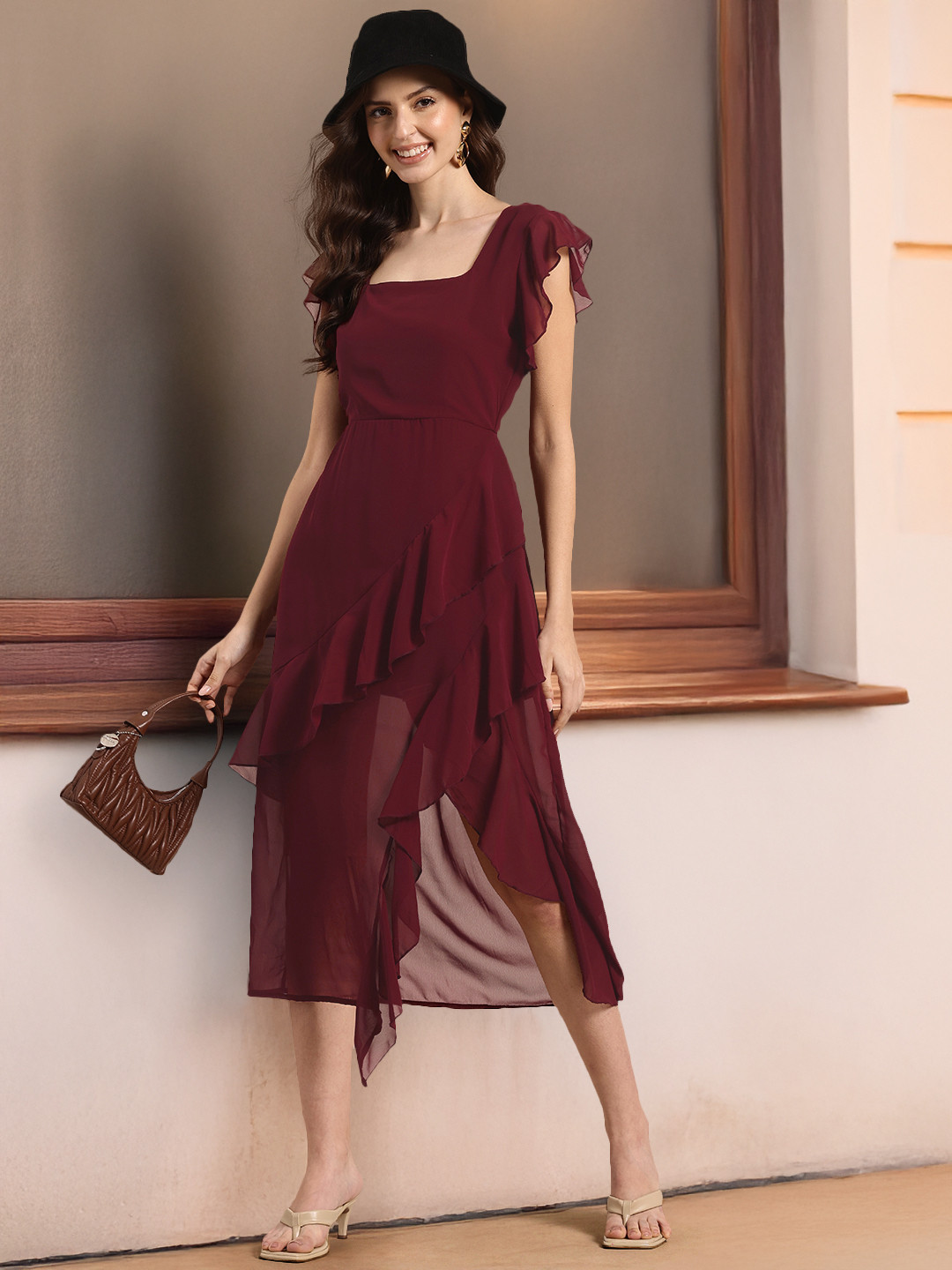 HERE&NOW Flutter Sleeves Ruffled Side Slit Fit and Flare Midi Dress