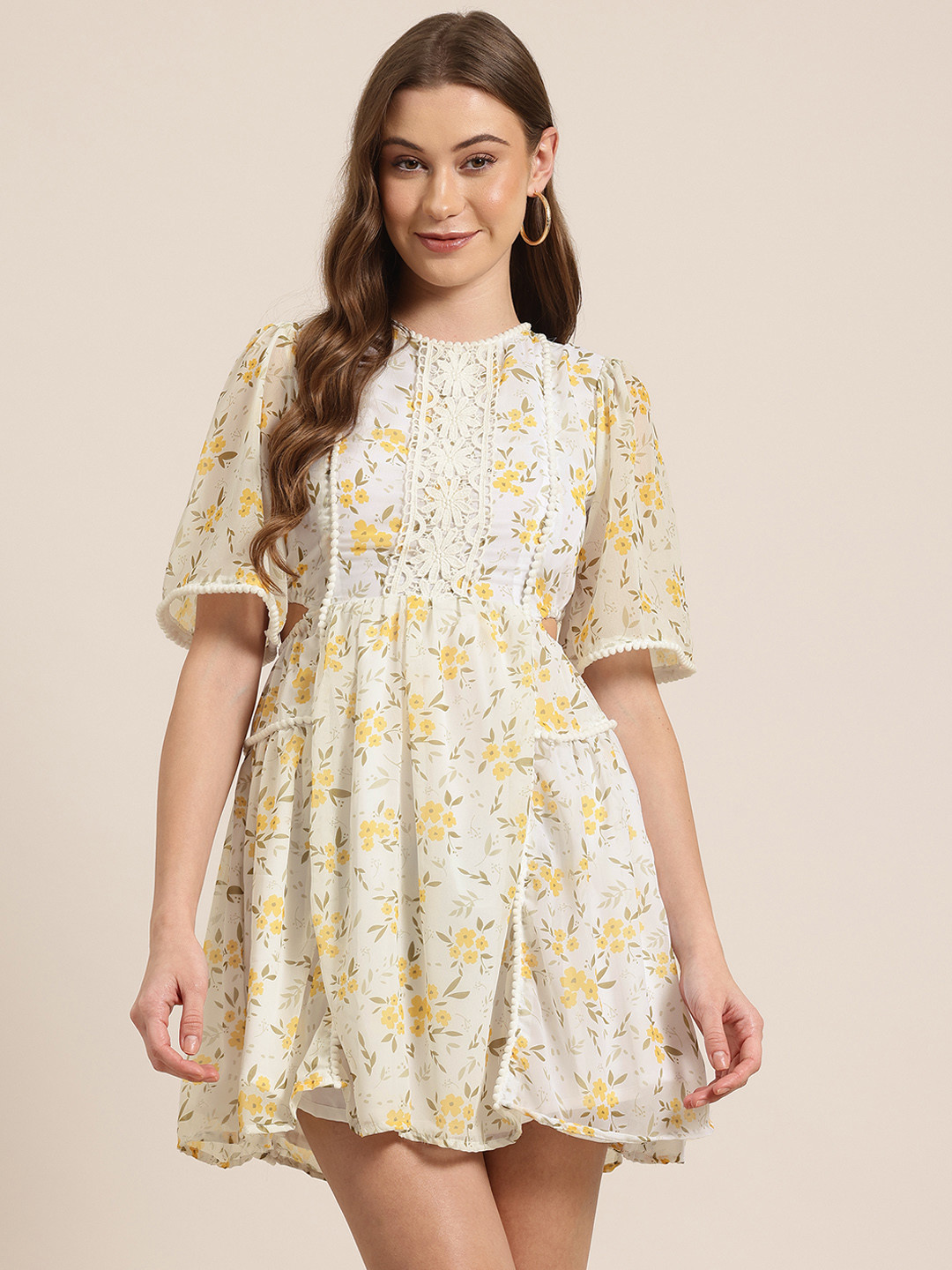 HERE&NOW Floral Printed Lace Insert Detail Fit & Flare Mini Dress with Cut-Outs