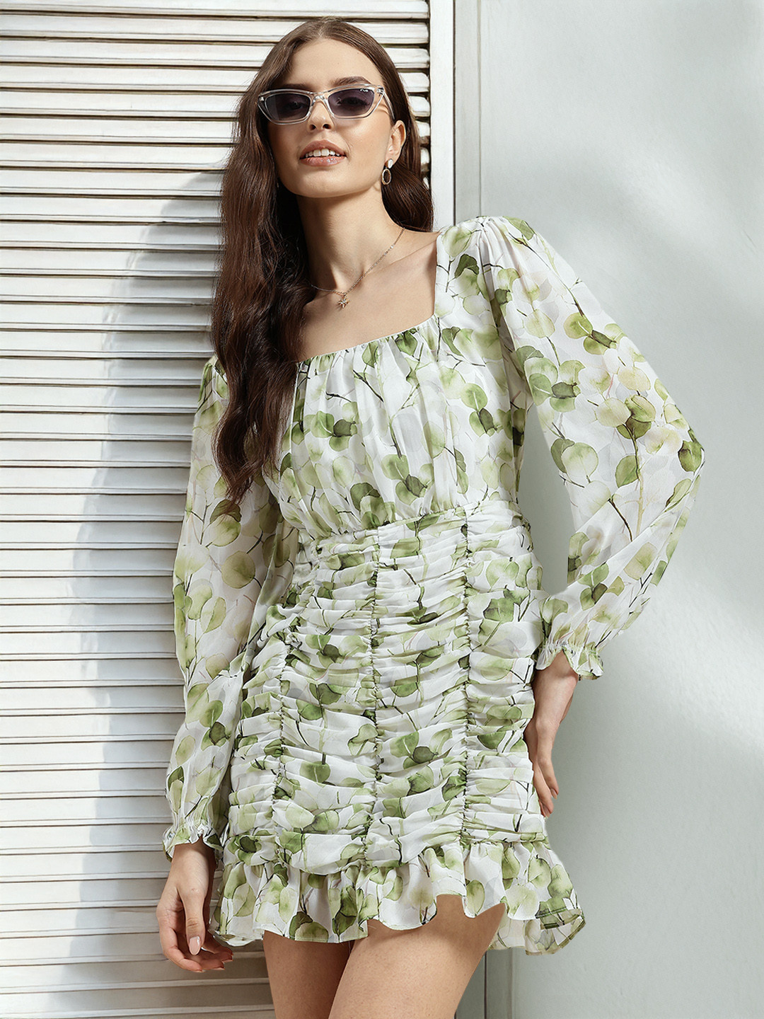 HERE&NOW Floral Print Puff Sleeve Ruched Mini Dress