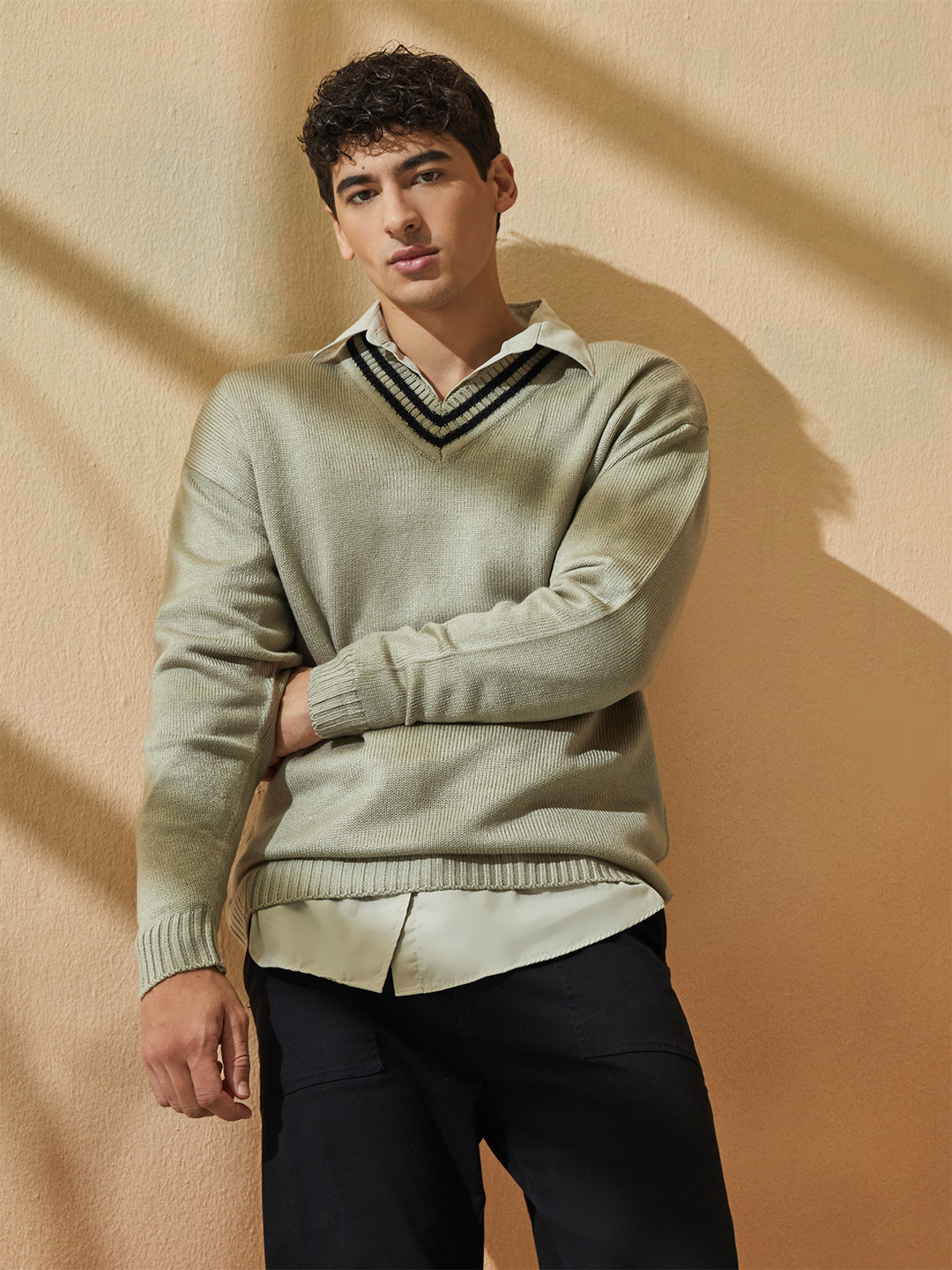 Styli Men V-Neck Ribbed Sweater