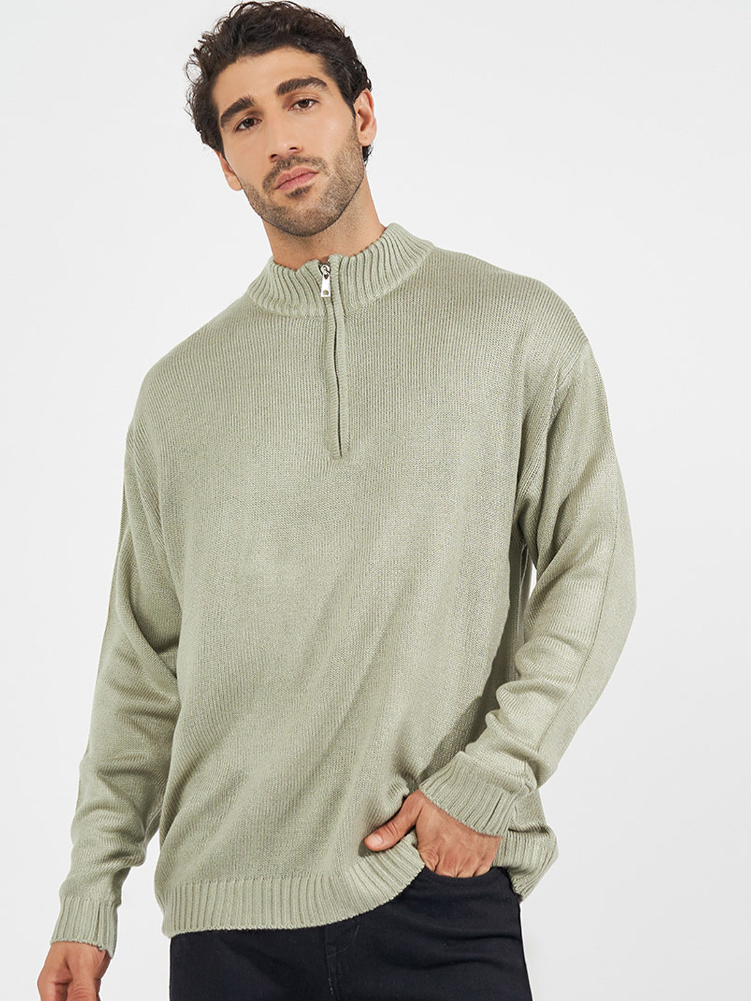 Styli Men Relaxed Fit Quarter Zip Up Lightweight Pullover Sweater