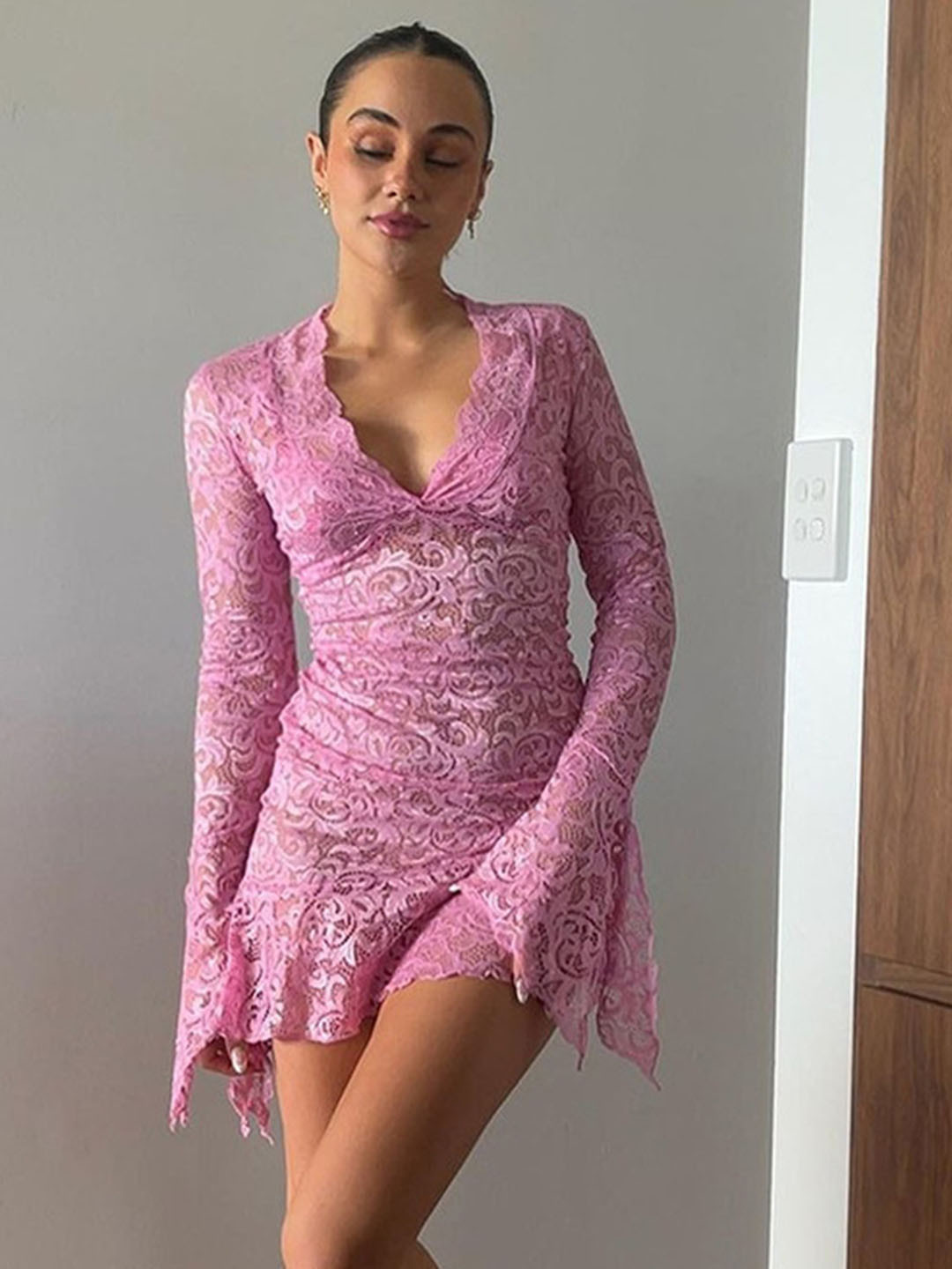 LULU & SKY Slanted Hem Short Lace Sheath Dress