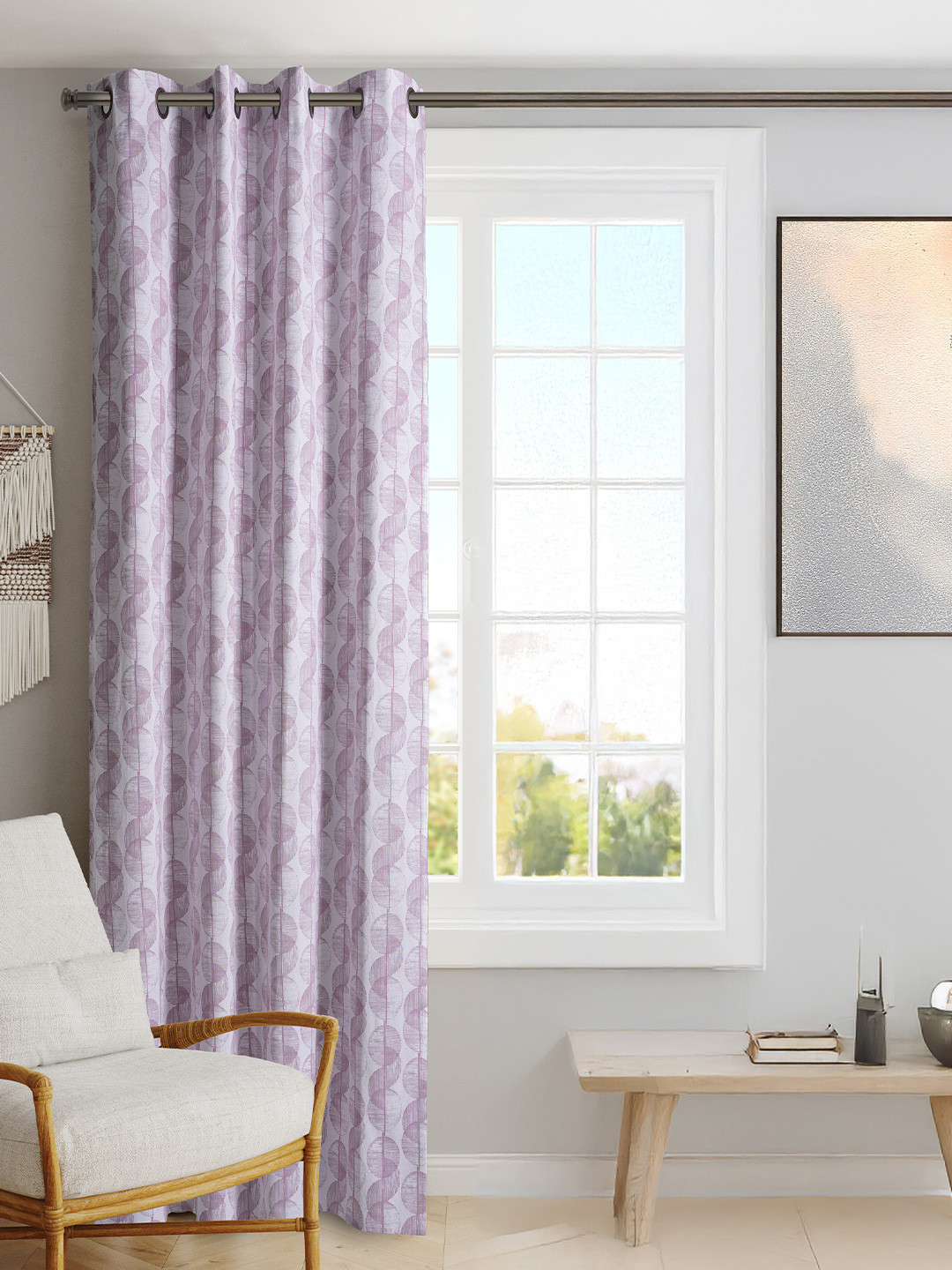BLANC9 White & Purple Geometric Printed Black Out Door Curtain