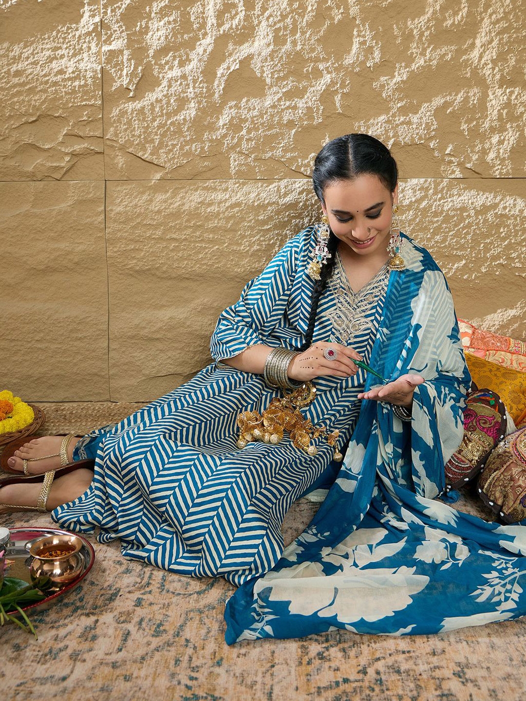 Indo Era Women Printed Regular Pure Cotton Kurta With Trousers & Dupatta - Kurta Sets for Women 31072519 | Myntra