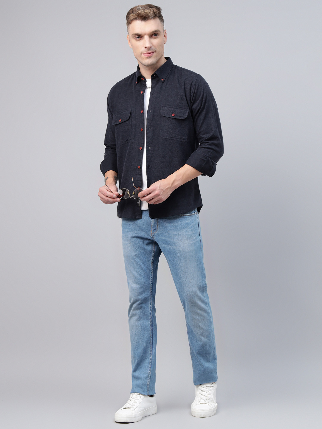 Hancock Men Button-Down Collar Solid Cotton Flannel Slim Fit Casual Shacket