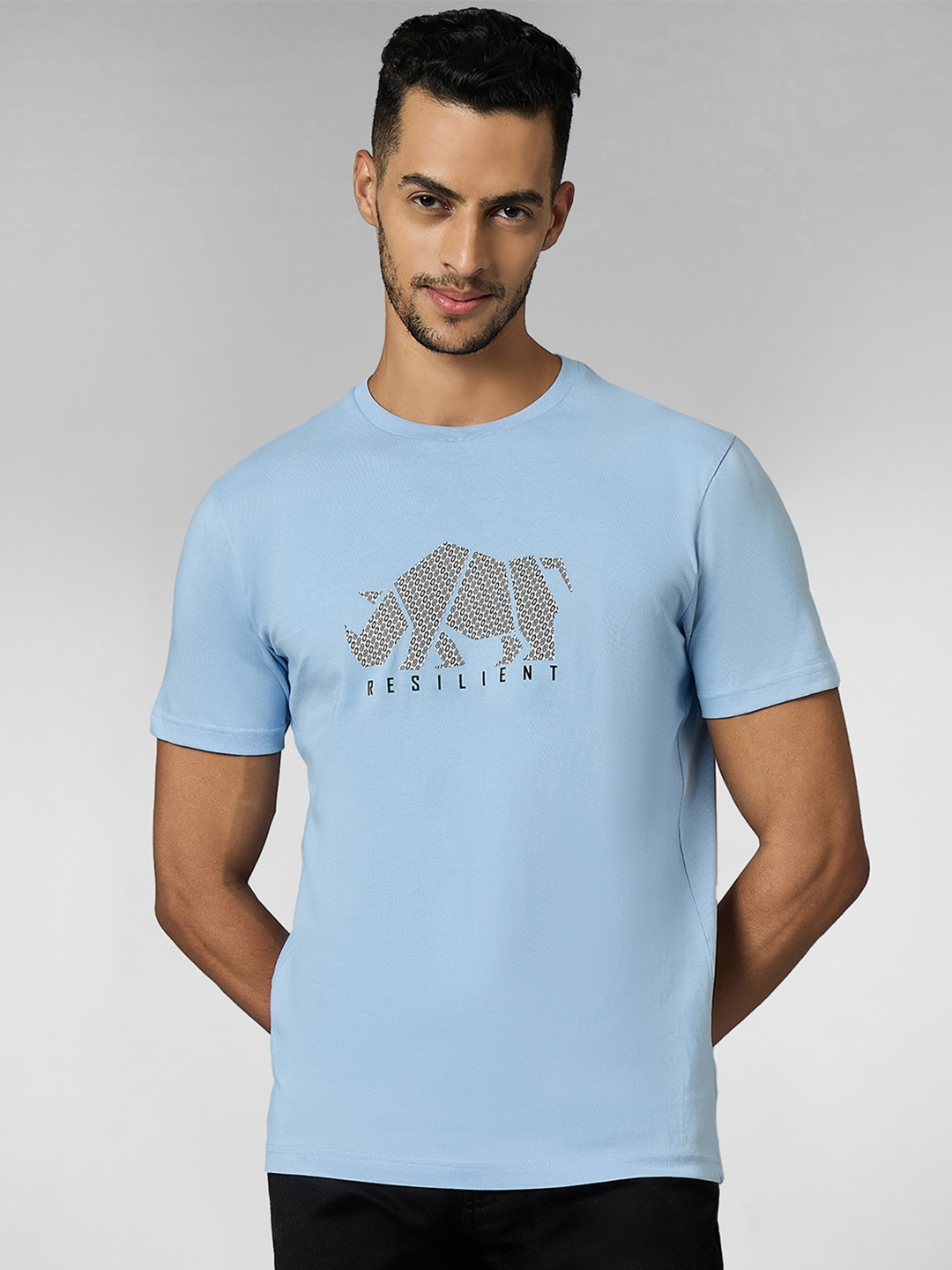 Men Super Combed Cotton Light Blue Regular Fit Round Neck T-Shirt