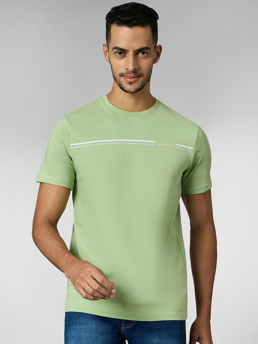 LOUIS STITCH Men Super Combed Cotton Pastel Green Regular Fit Round Neck T-Shirt