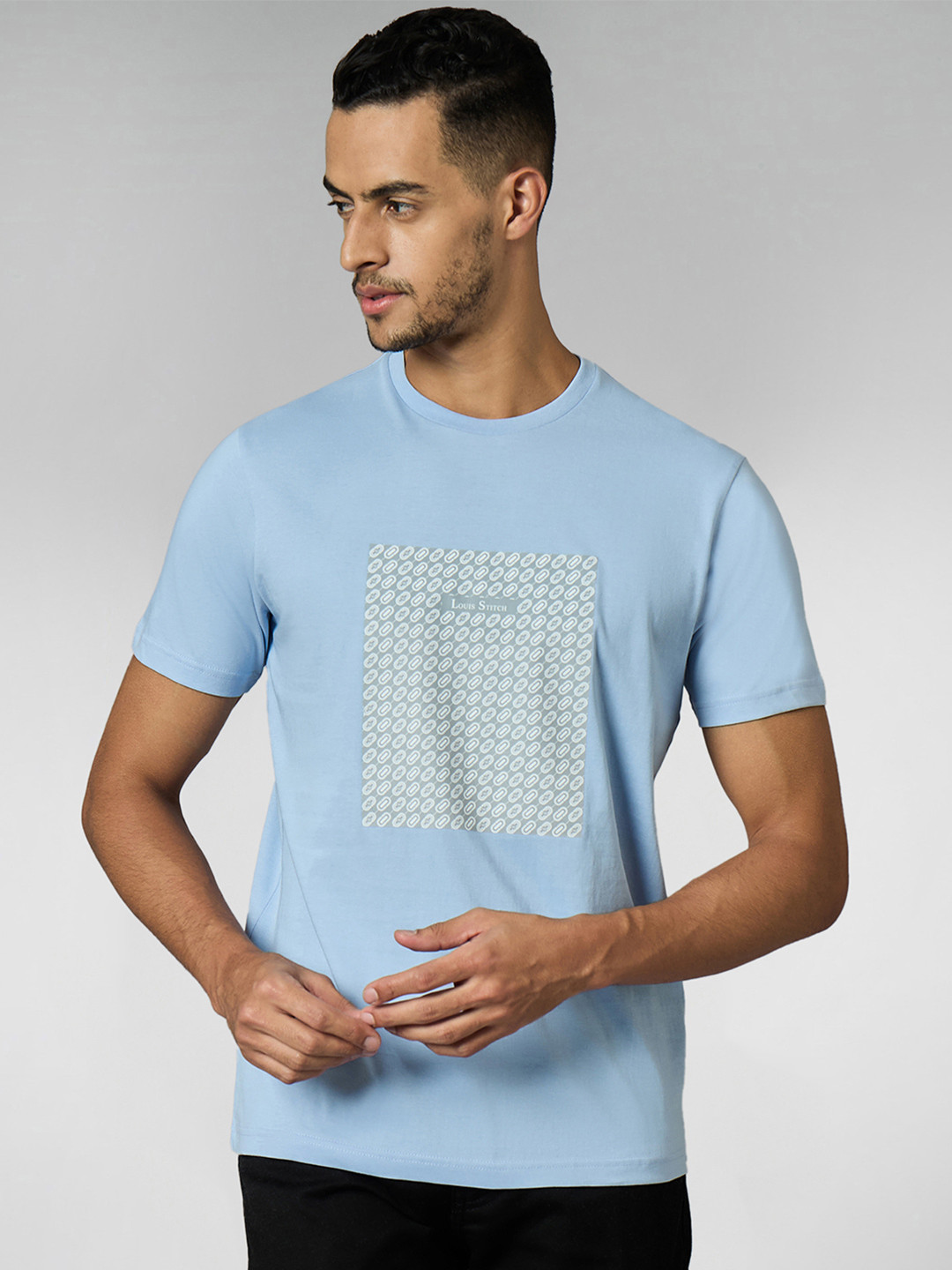LOUIS STITCH Men Super Combed Cotton Light Blue Regular Fit Round Neck T-Shirt