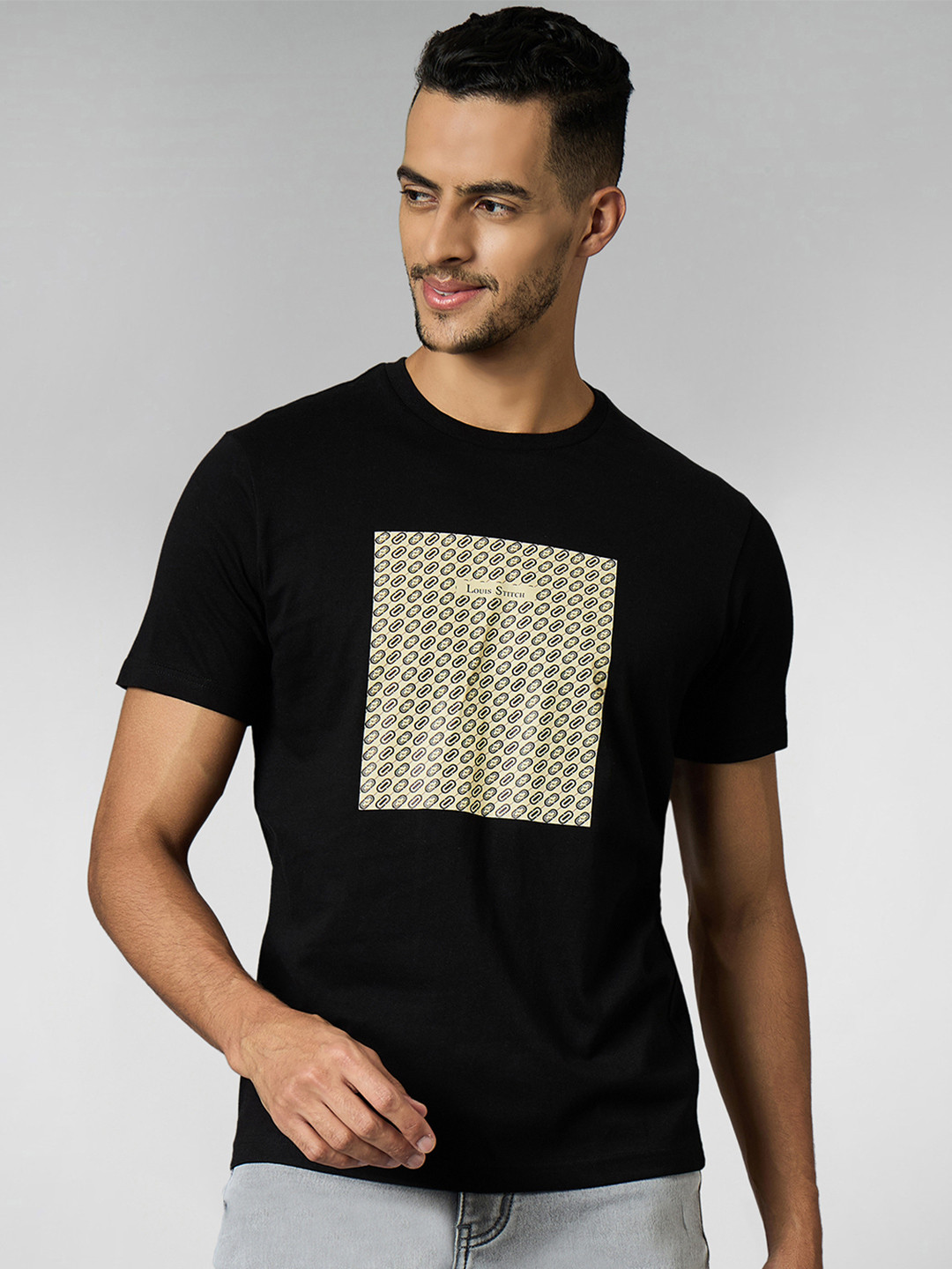 LOUIS STITCH Men Super Combed Cotton Black Regular Fit Round Neck T-Shirt