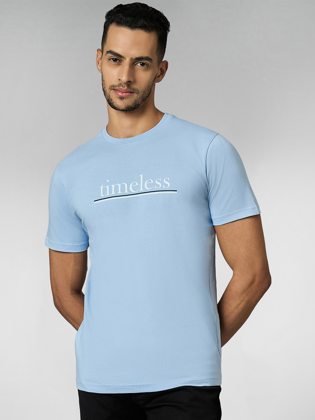 Men Super Combed Cotton Light Blue Regular Fit Round Neck T-Shirt