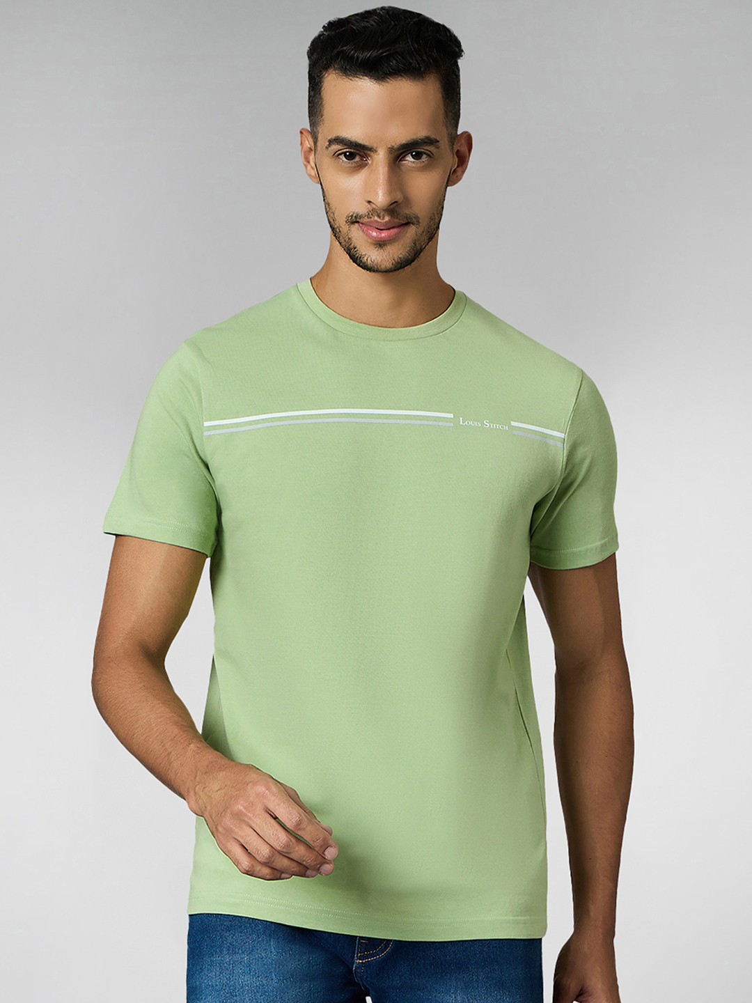LOUIS STITCH Men Super Combed Cotton Pastel Green Regular Fit Round Neck T-Shirt