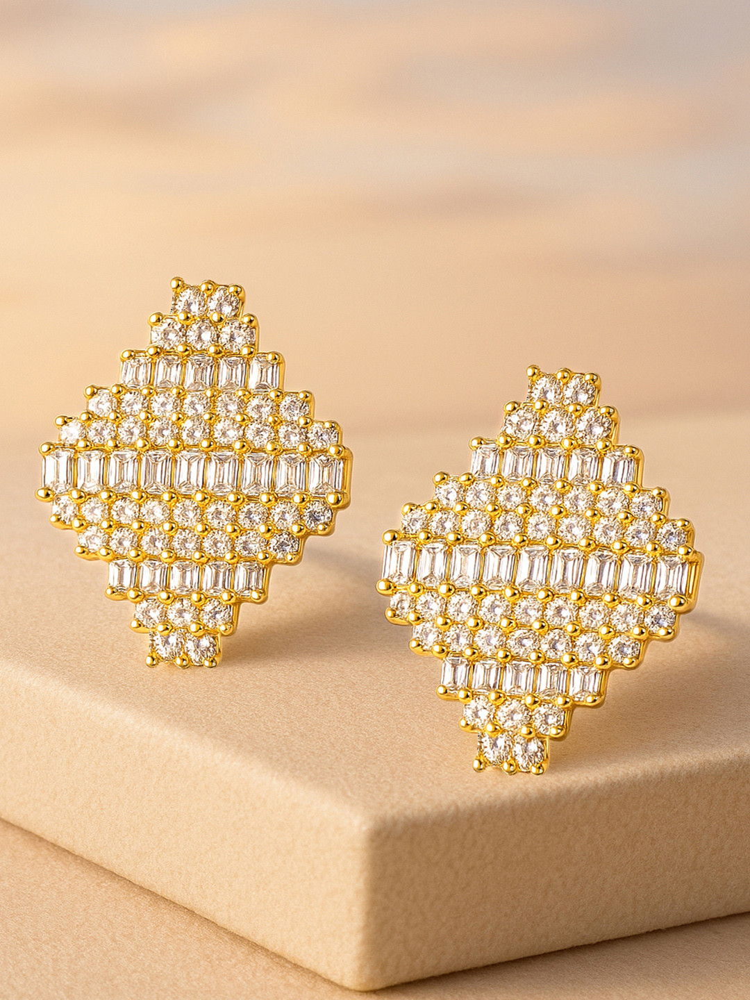 Rubans 18K Gold Plated Cubic Zirconia Studded Oversized Statement Stud Earrings