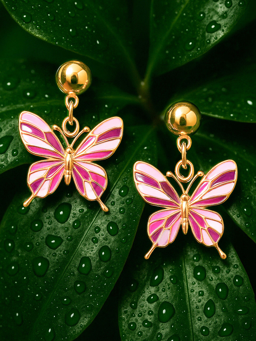 Rubans 18K Gold Plated Pink Enamel Butterfly Design Dangle Earrings