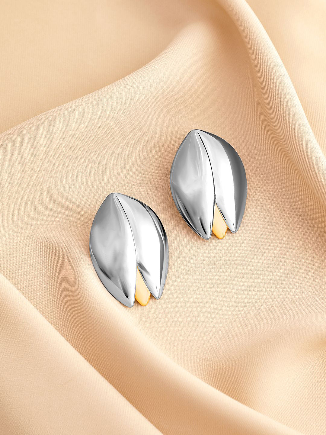 Rubans Rhodium Plated Dual-Tone Gold & Silver Sculpted Leaf Design Stud Earrings
