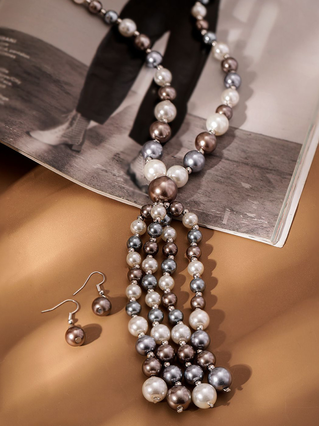 Rubans Silver-Plated Multi-Color Beaded Long Multi-Layer Statement Necklace Set