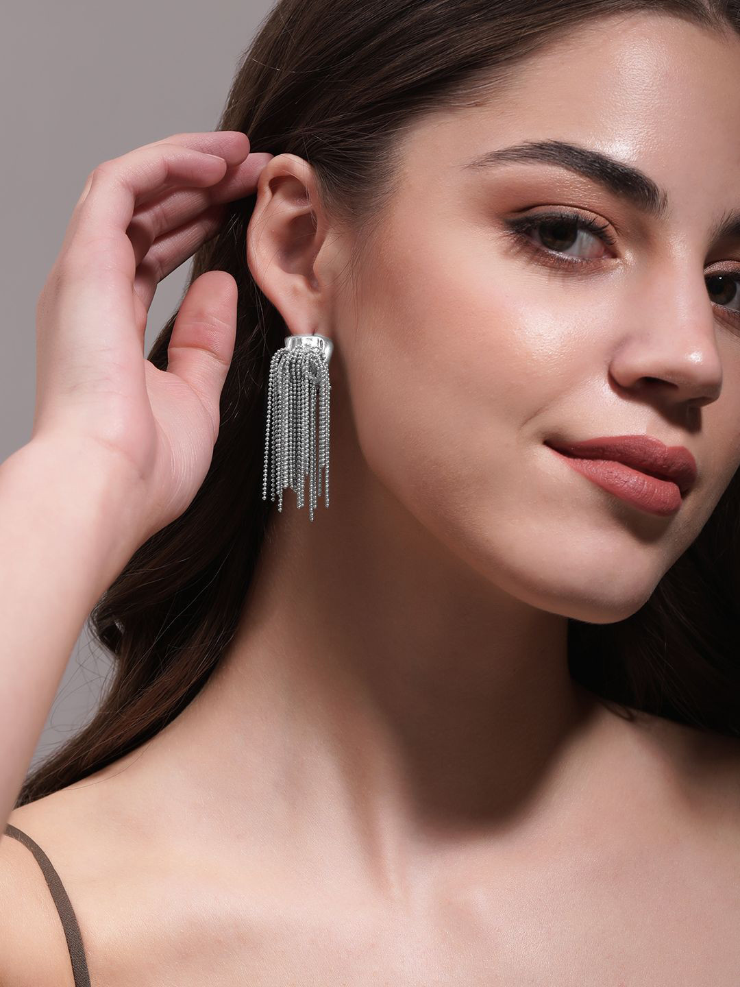 Rubans Rhodium Plated Chain Tassel Statement Drop Earrings