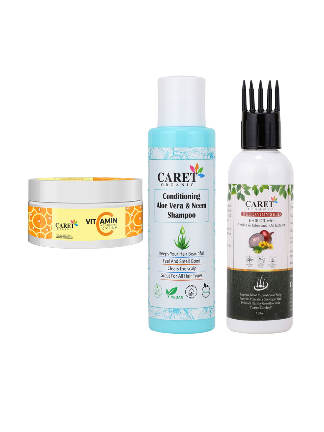 CARET ORGANIC Vitamin C Cream&  Red Onion Seed Hair Oil &  Aloevera Neem Shampoo