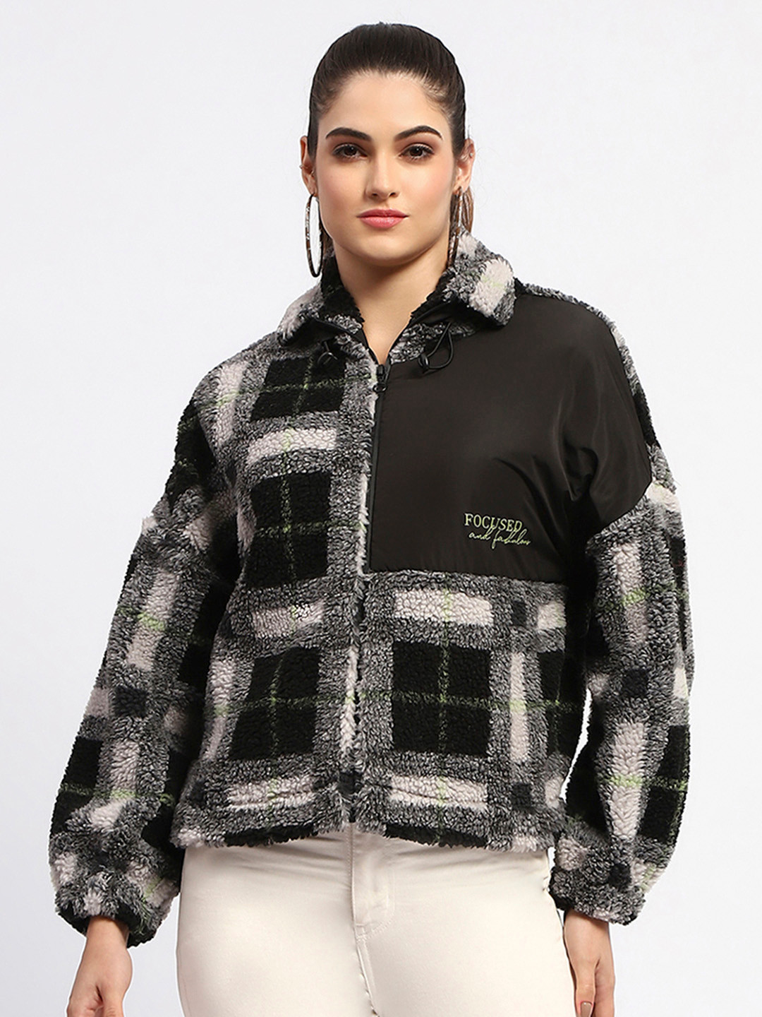 Madame Women Self Design Shirt Collar Front-Open Sweatshirt