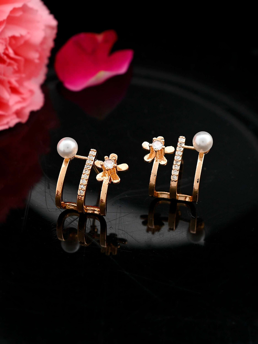 VOJ Gold Plated Stainless Steel Square Shaped Crystal Studded & Beaded Studs