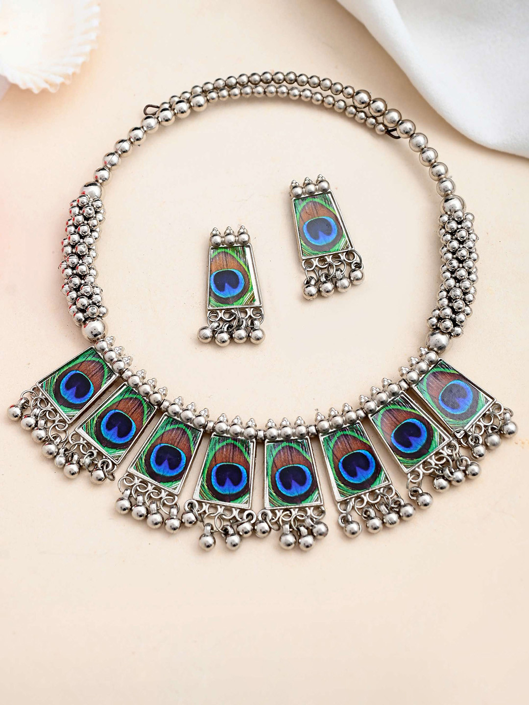 VOJ Silver-Plated Oxidized Stainless Steel Peacock Print Hasli Necklace With Earrings