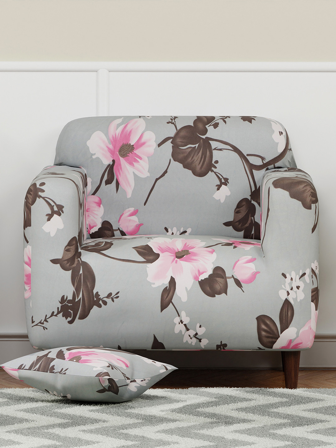 Aura Grey & Brown Printed Sofa Cover With Arms