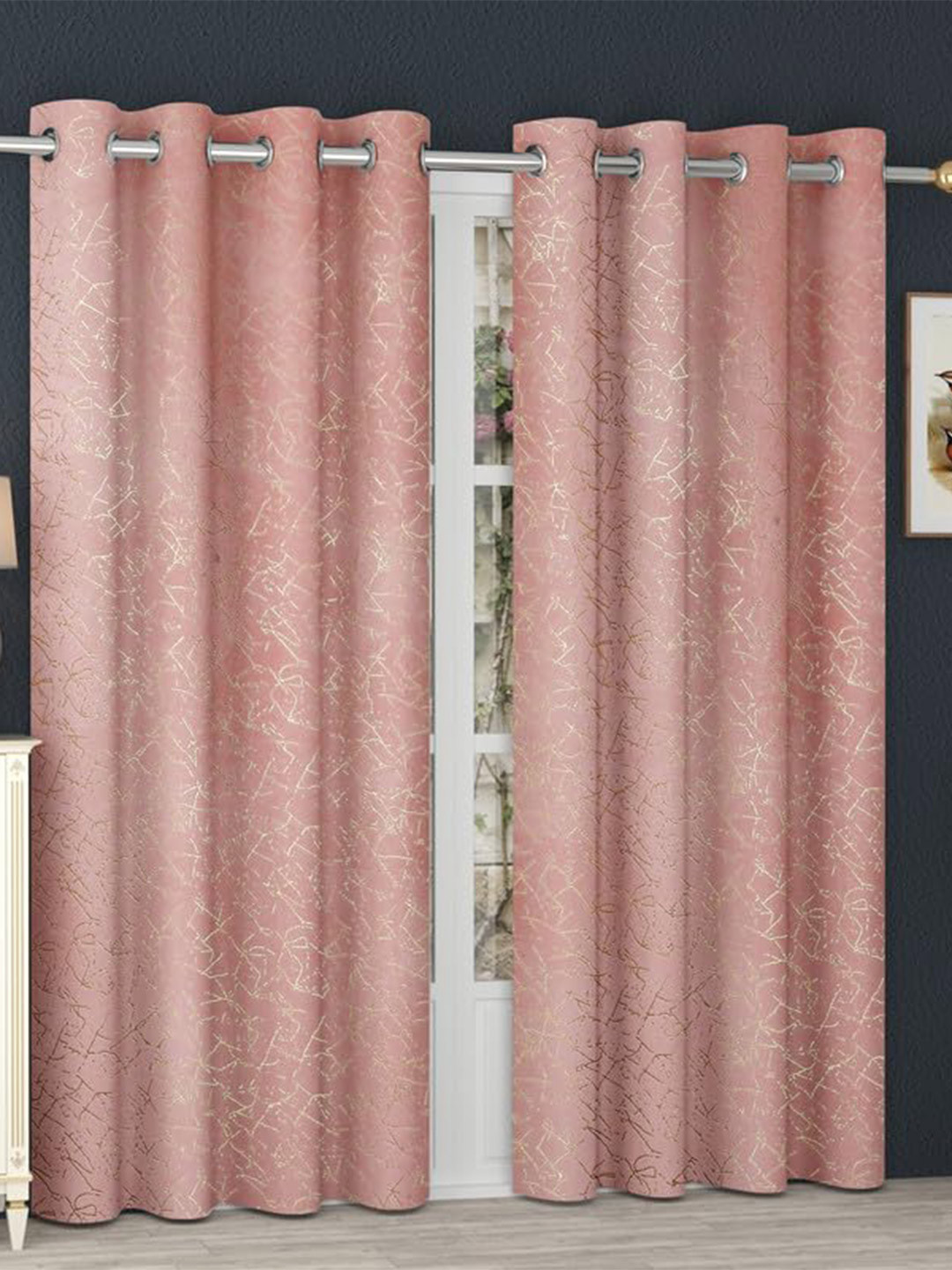 RIDHAAN Pink & Gold-Toned 2 Pieces Self Design Velvet Black Out Door Curtains