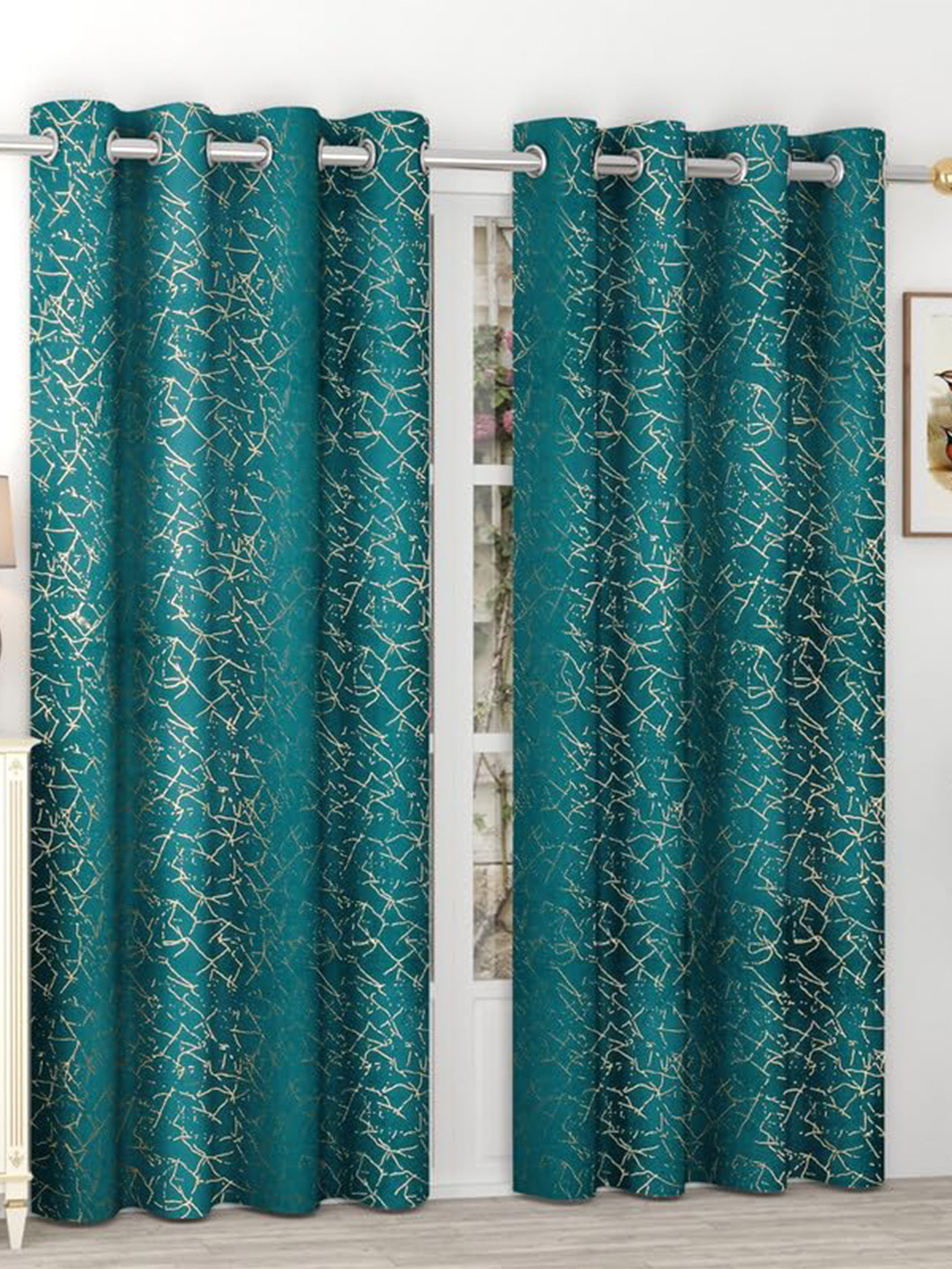 RIDHAAN Teal & Gold-Toned 2 Pieces Self Design Velvet Long Door Curtains
