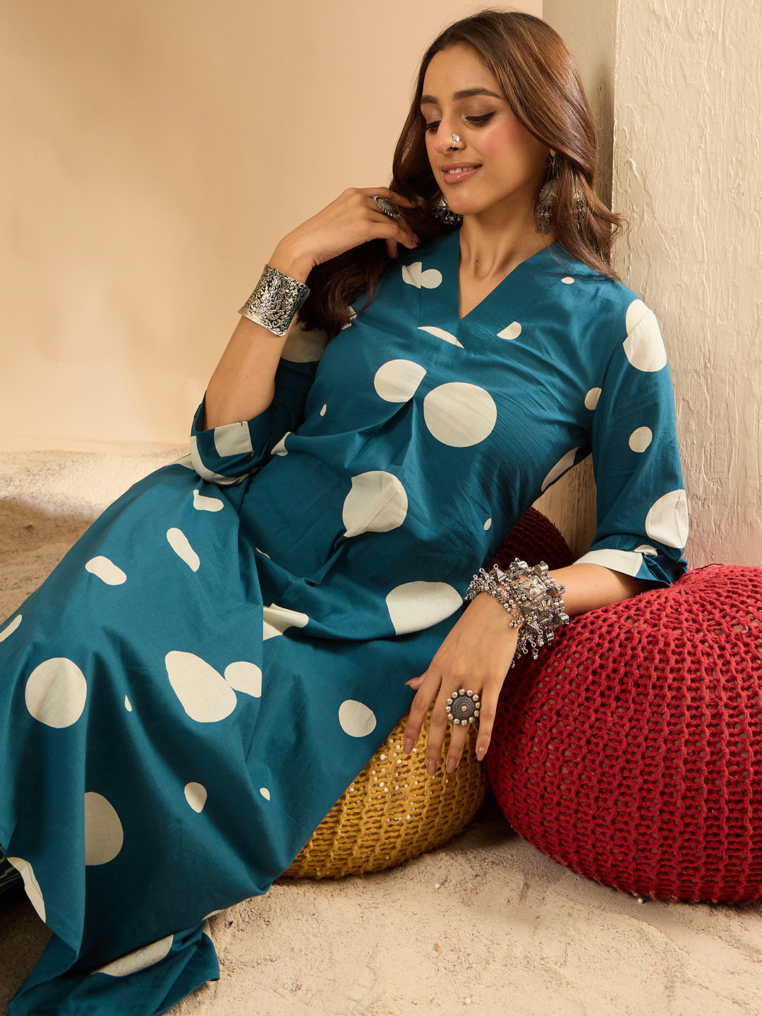 Indo Era Women Printed Pleated Pure Cotton Kurta with Trousers