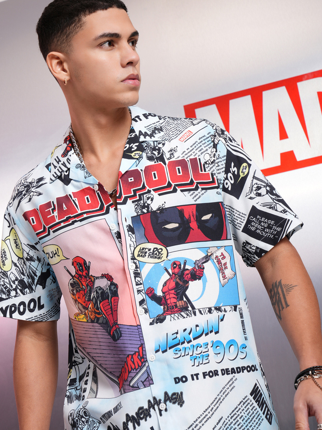 Highlander Men Mui Color Dead Pool Printed Cuban Collar Viscose Relaxed Shirt