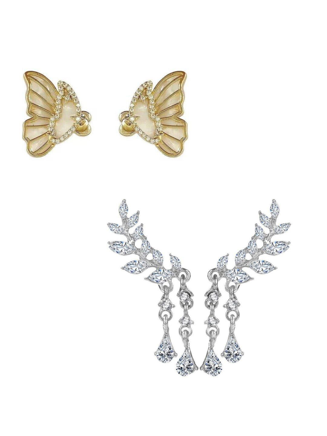 Pinapes Set of 2 Contemporary Butterfly and Cascading Lea Drop Earrings