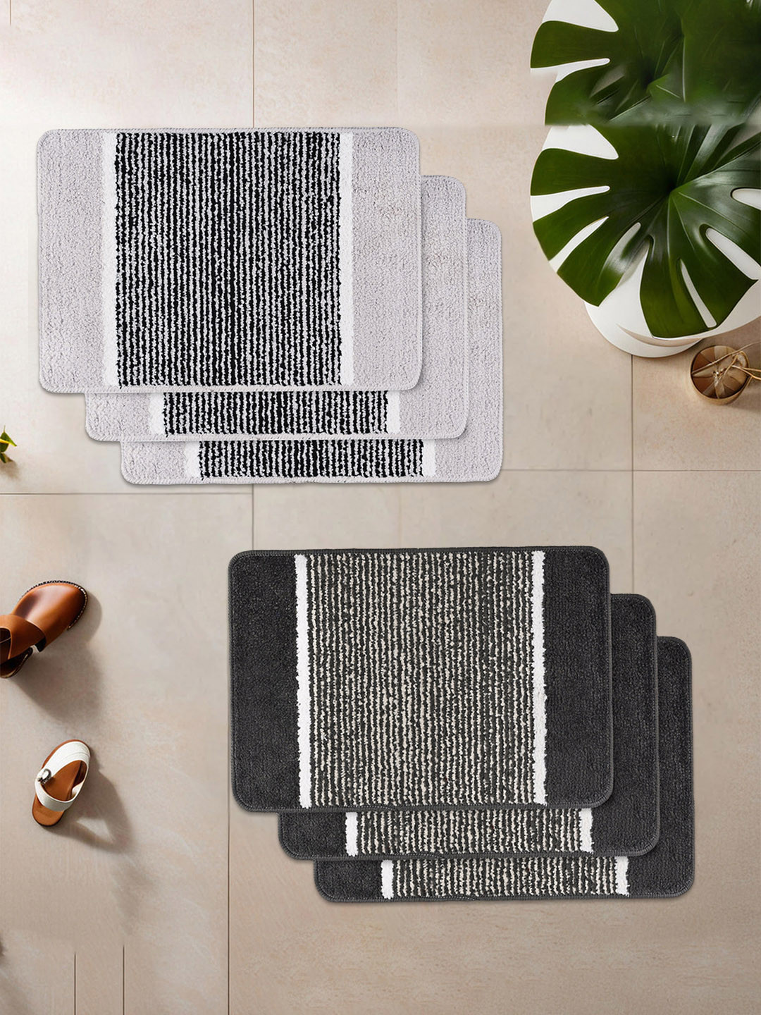 Kuber Industries Light & Dark Grey 6 Pieces Striped Anti-Skid Micrfoiber Door Mats