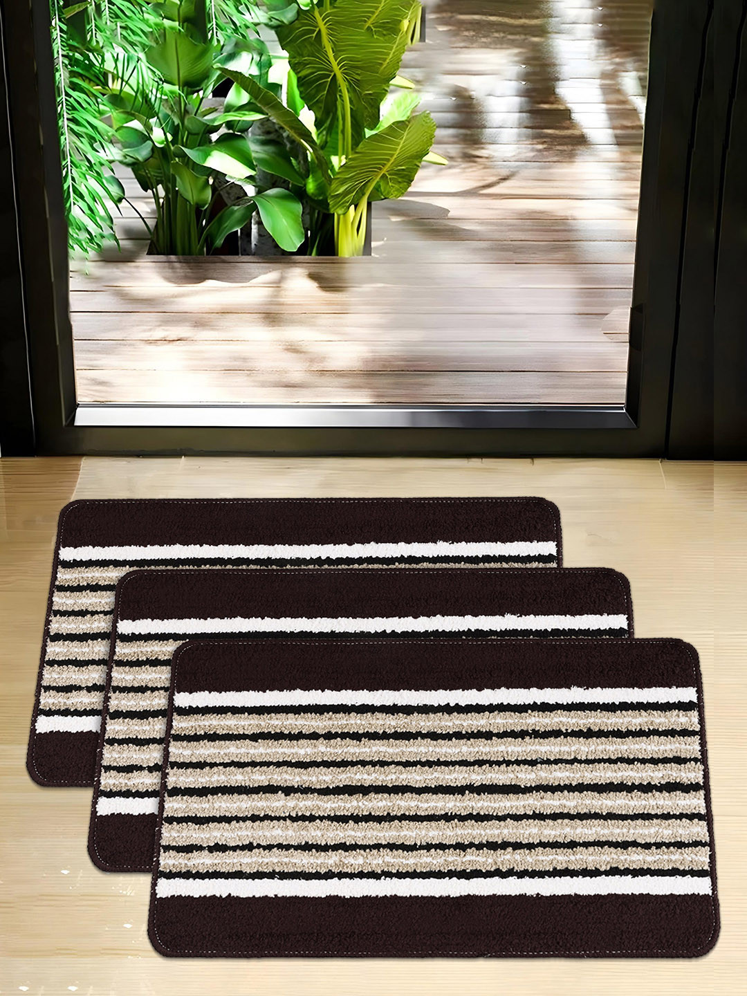 Kuber Industries Brown & Black 3 Pieces Striped Anti-Skid Micrfiber Door Mats