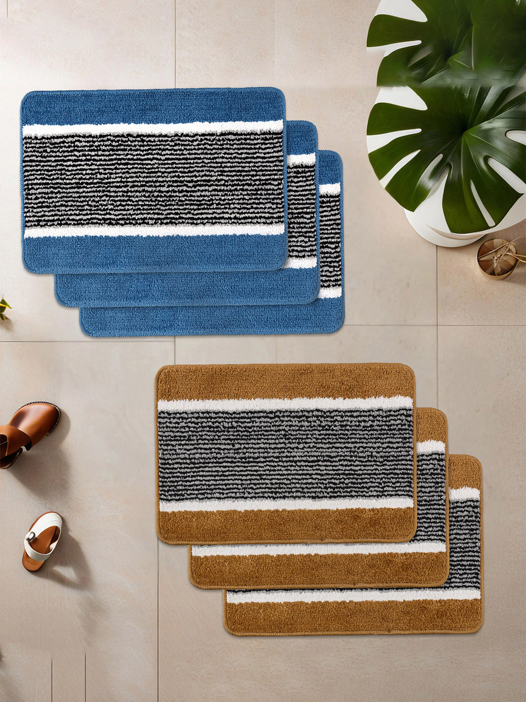 Kuber Industries Sky Blue & Gold Toned 6 Pieces Anti-Skid Door Mats