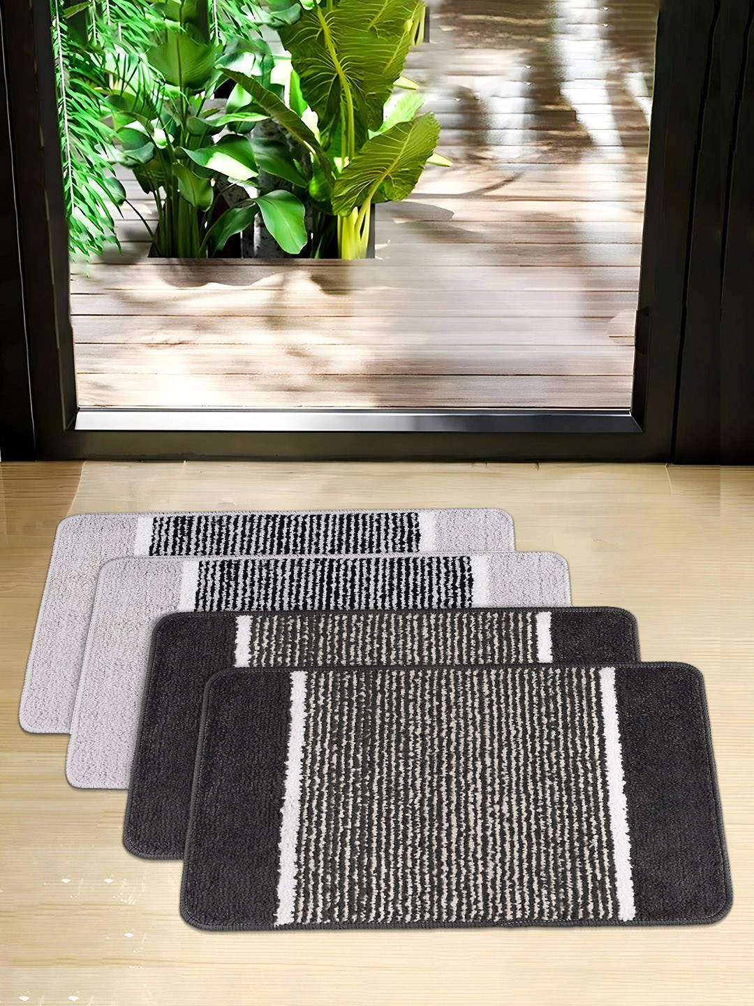 Kuber Industries Light & Dark Grey 4 Pieces Striped Anti-Skid Microfiber Door Mats