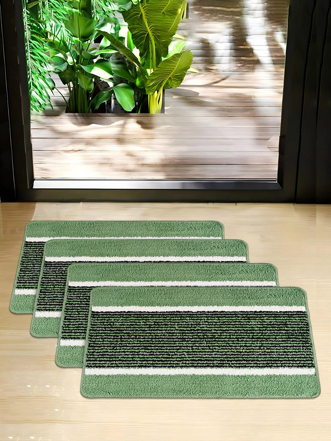 Kuber Industries Green & Black 4 Pieces Printed Microfibre Anti-Skid Doormats