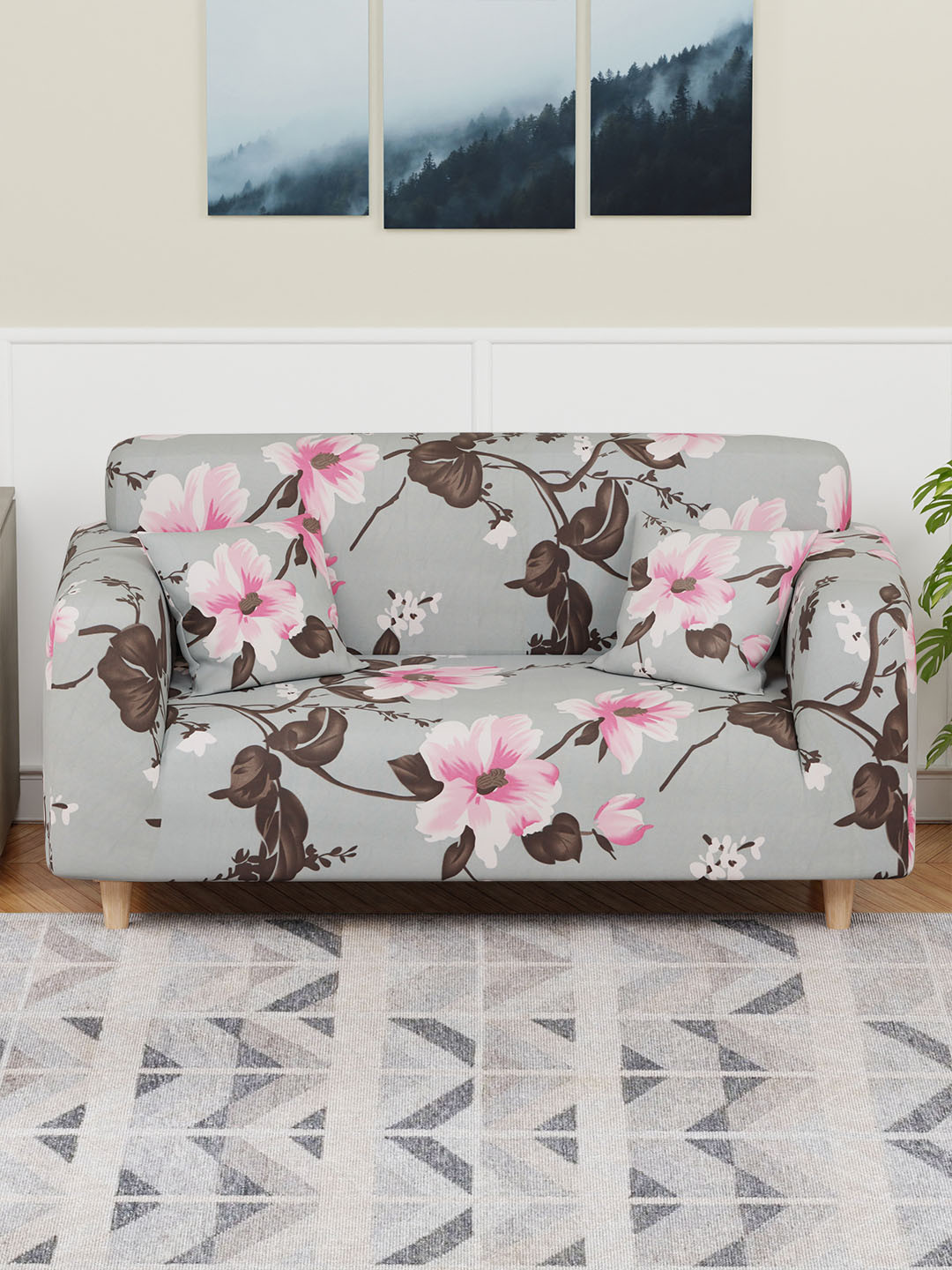 Aura Pink & Grey Printed Elasticated Sofa Cover With Arms