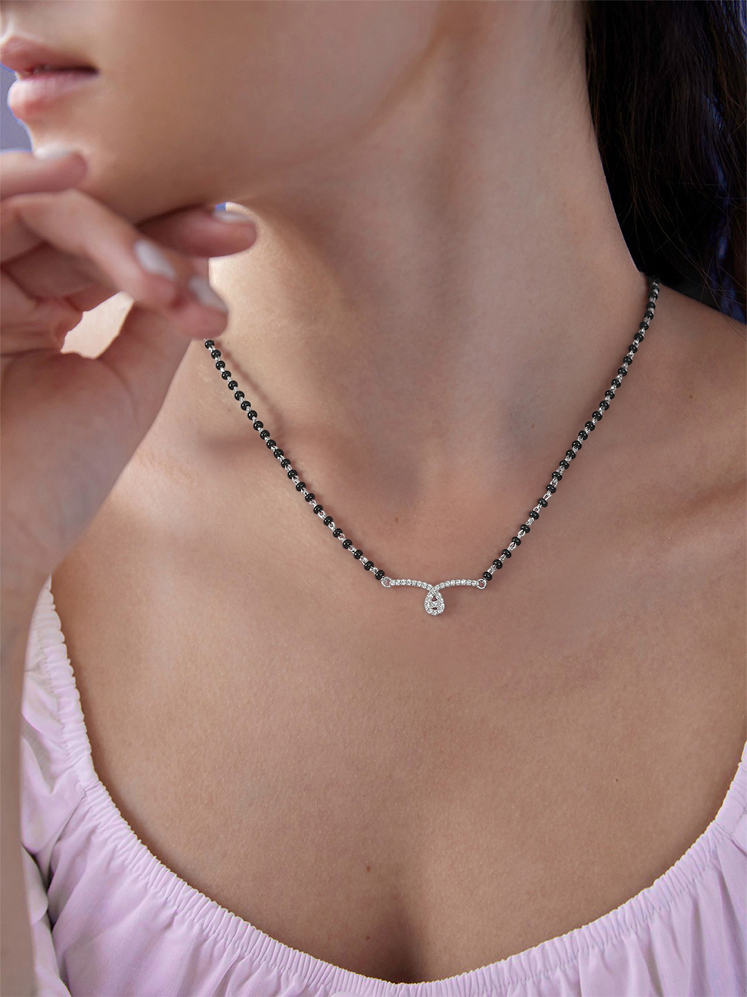 Ornate Jewels 925 Sterling Silver Rhodium-Plated AD Studded & Beaded Infinity Mangalsutra