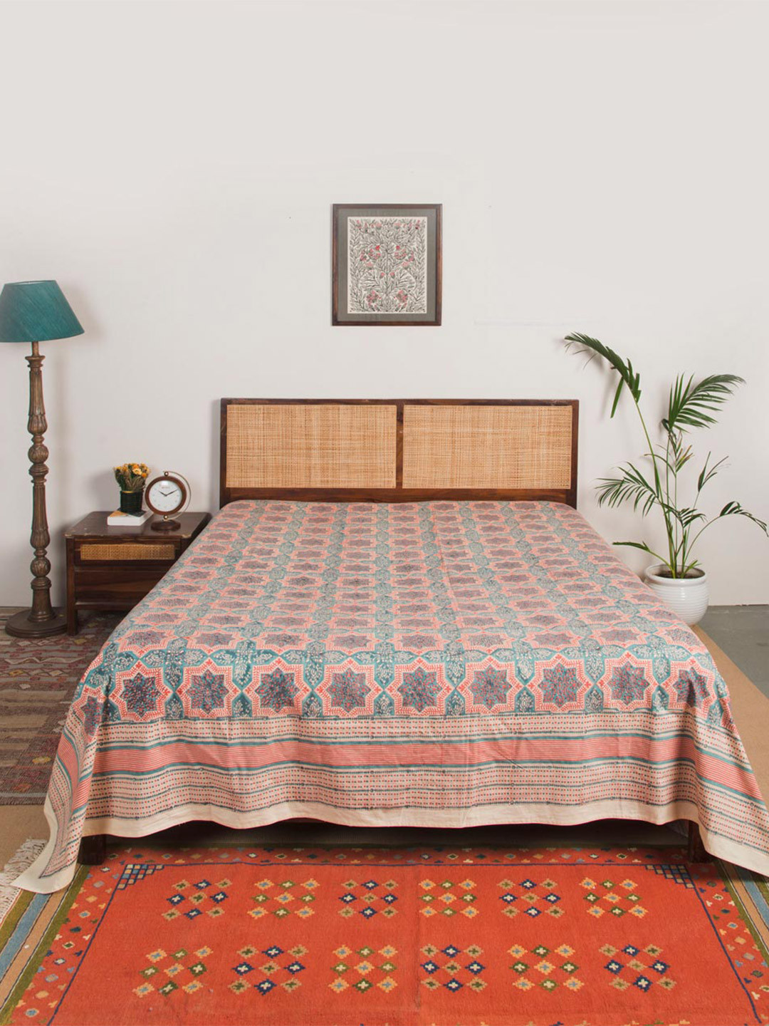 Fabindia Teal-Blue & Red Printed Cotton Single Bed Covers