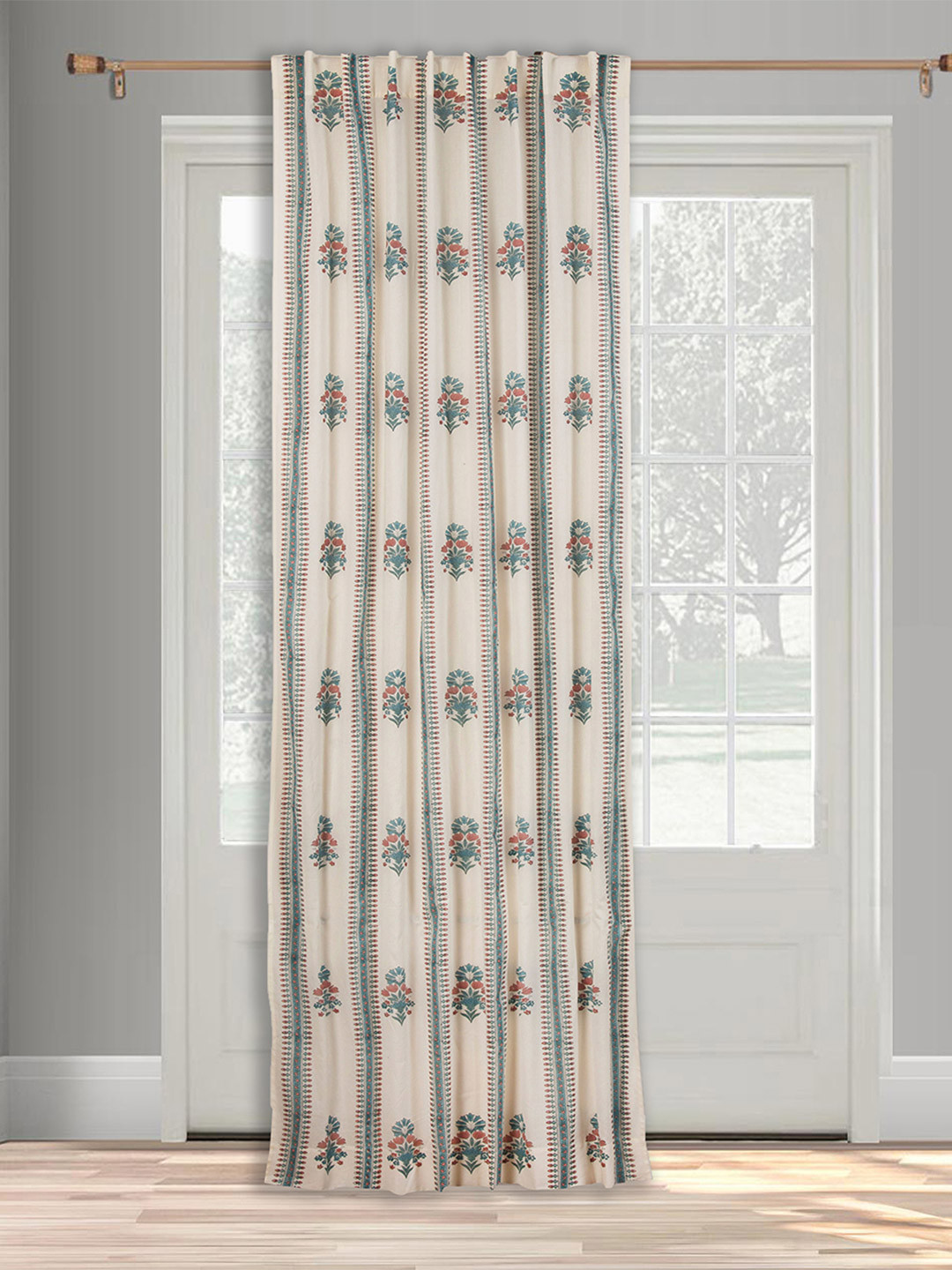 Fabindia Palampur Off White & Blue Ethnic Motifs Printed Cotton Long Door Curtain
