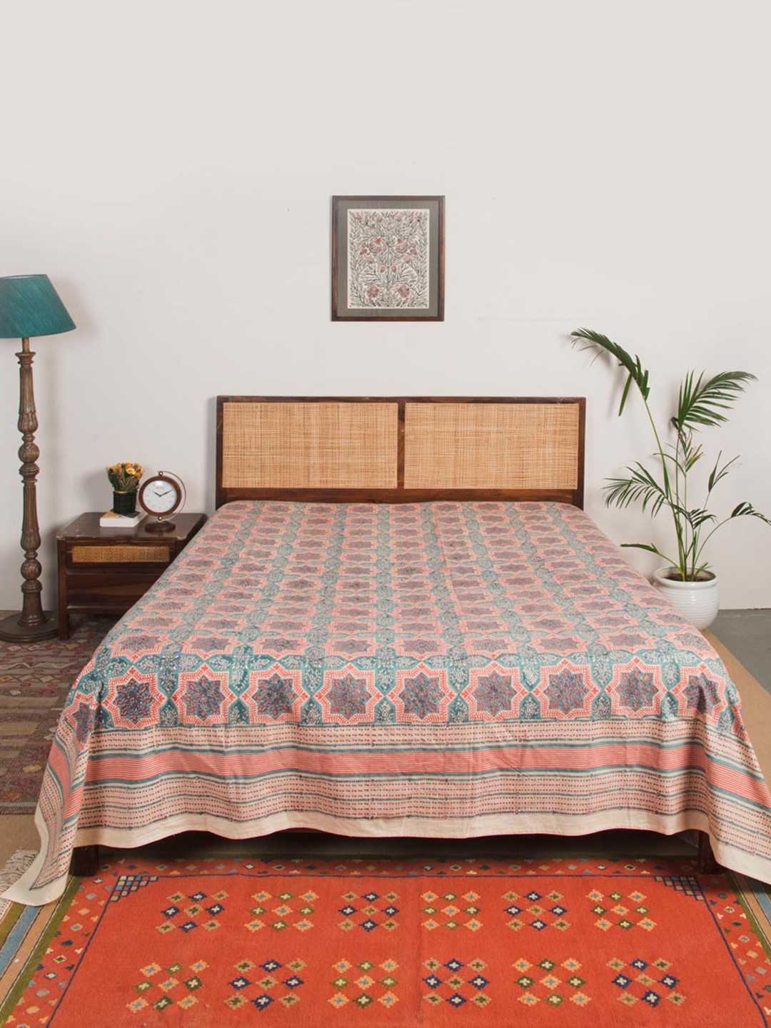 Fabindia Teal-Blue & Red Printed Cotton Double Bed Covers