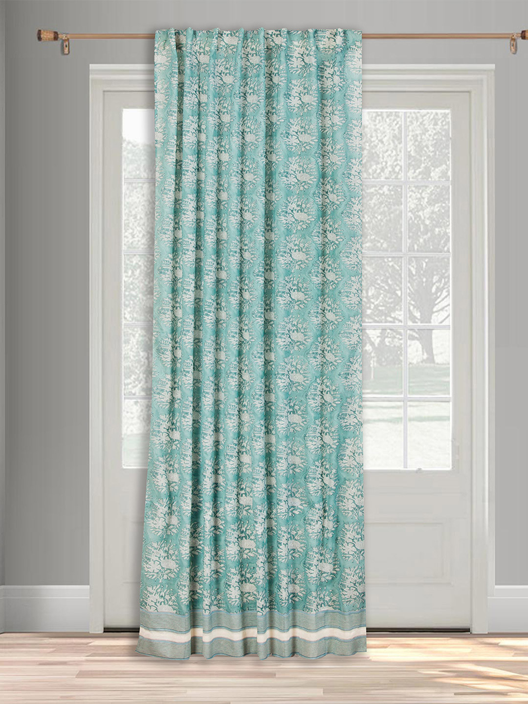 Fabindia Palampur Teal & Off White Ethnic Motifs Printed Cotton Long Door Curtain