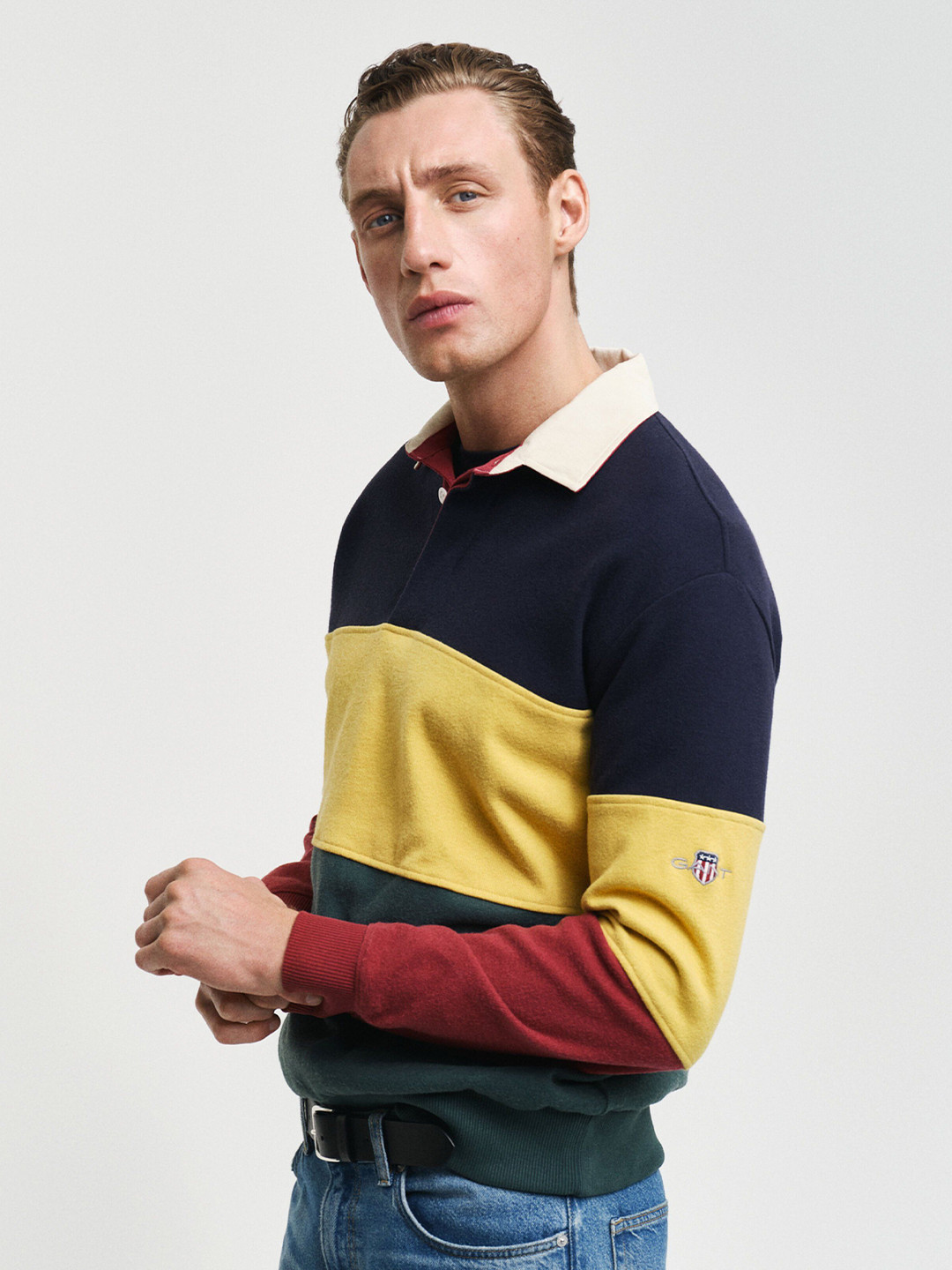 GANT Men Colourblocked Shirt Collar Cotton Pullover Sweatshirt