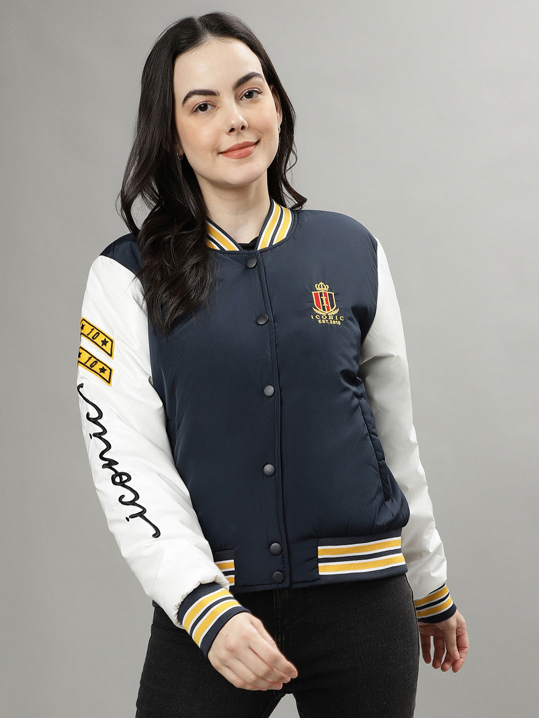 Iconic Women Colourblocked Crop Sporty Jacket with Patchwork