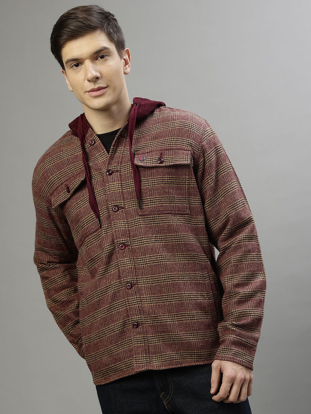 Iconic Men Hood Tartan Checked Acrylic Casual Shirt