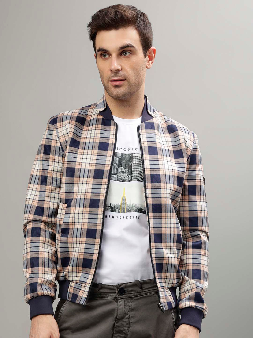 Iconic Men Checked Crop Bomber with Patchwork Jacket