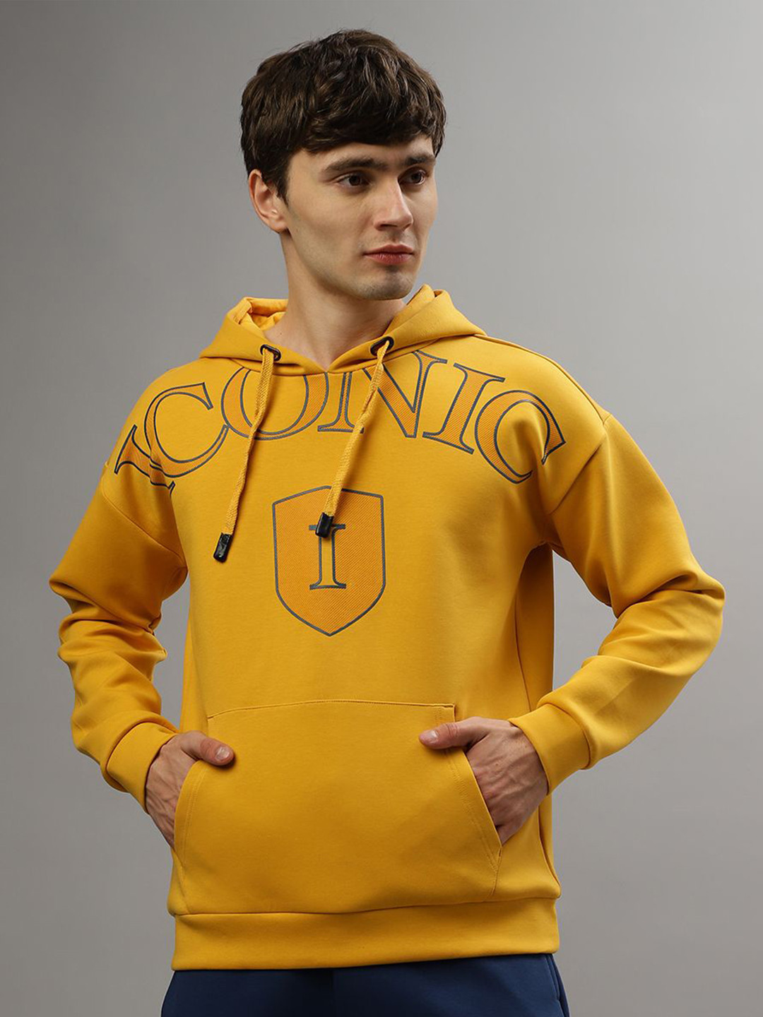 Iconic Men Typography Printed Hood Pullover Sweatshirt