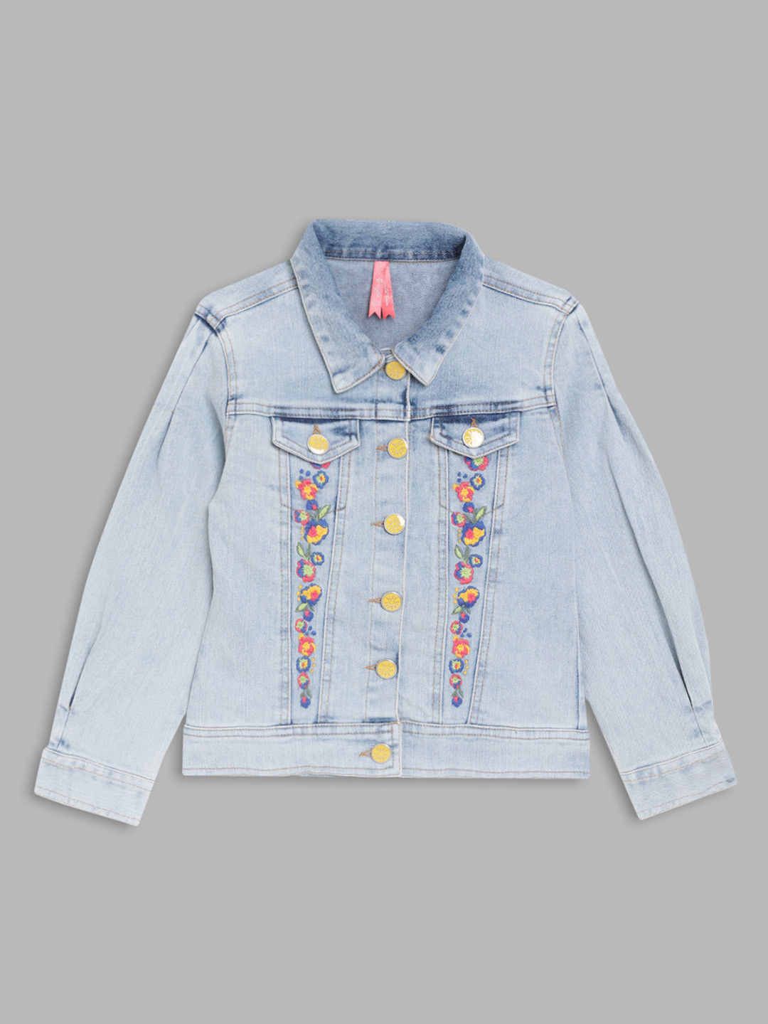 Blue Giraffe Girls Cotton Washed Embroidered Crop Denim Jacket with Patchwork