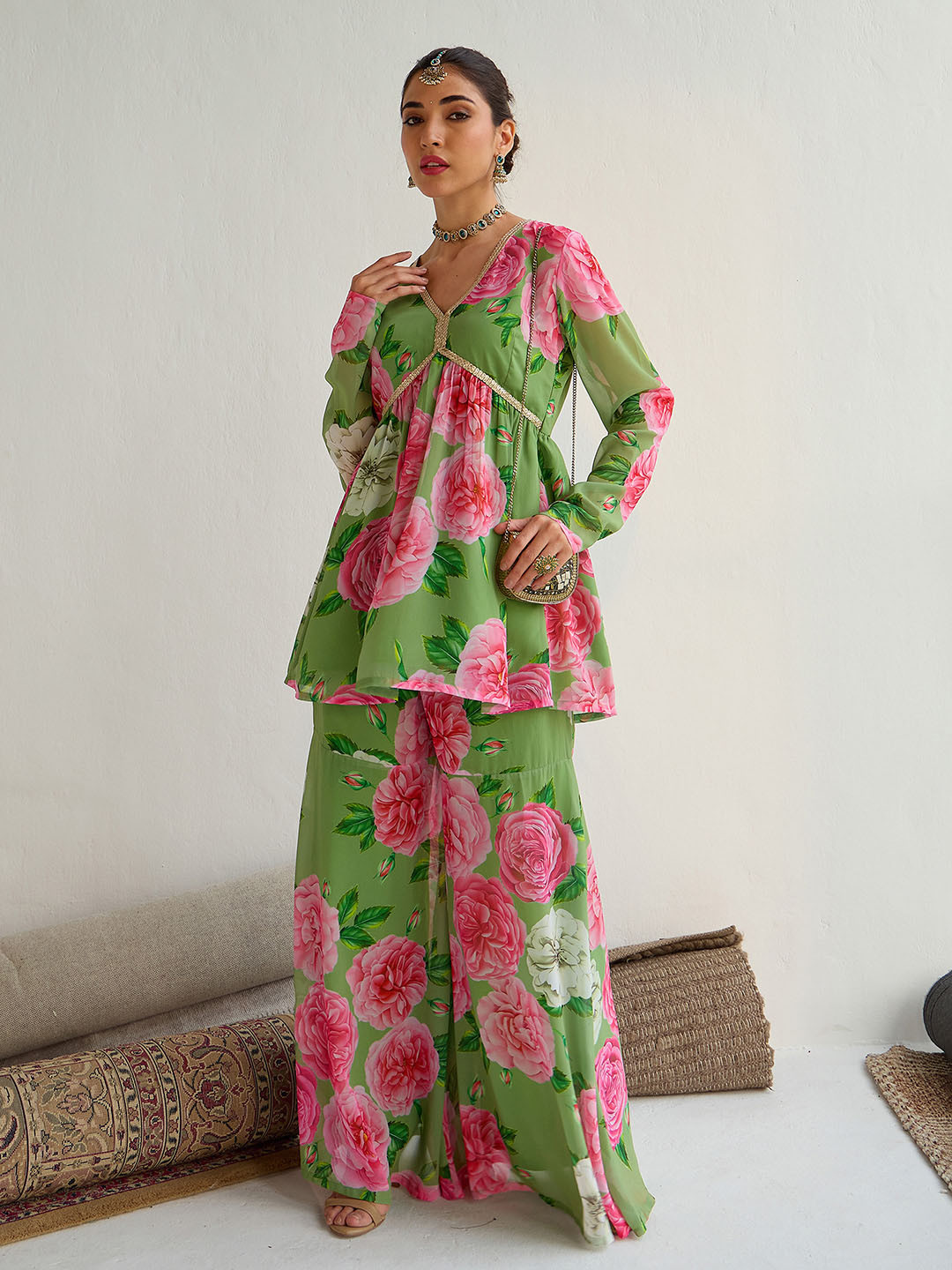 Shae by SASSAFRAS Women Floral Printed Empire Sequinned Kurti with Sharara