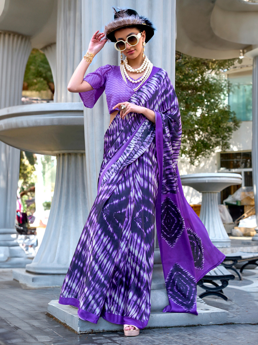 Mitera Purple Crepe Ethnic Printed Daily Wear Saree With Blouse