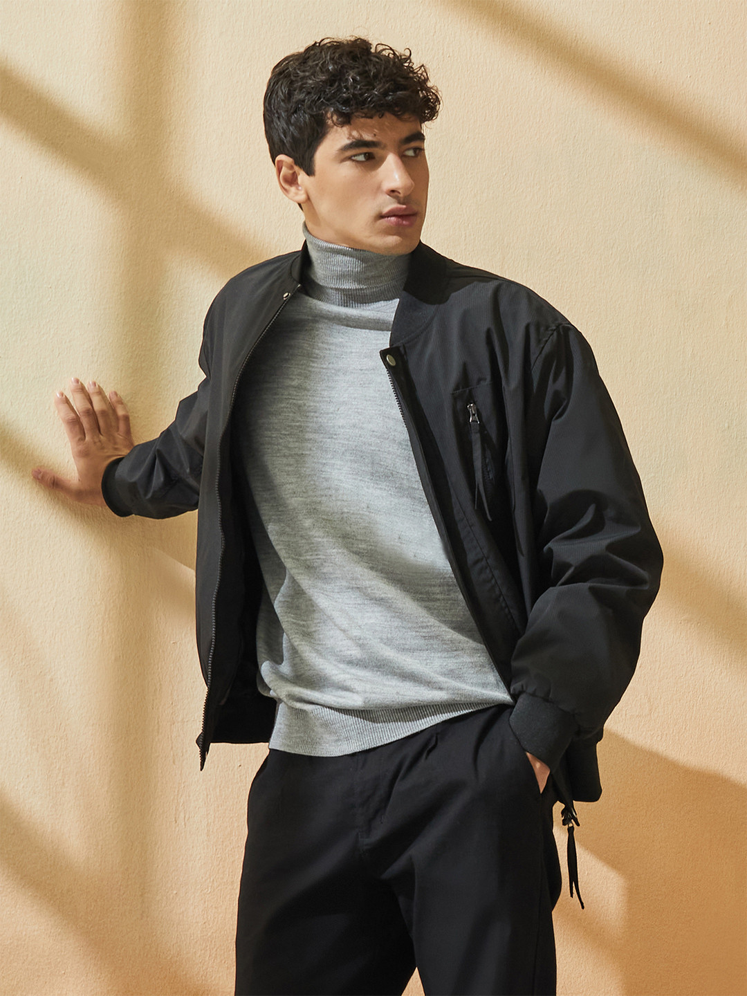 Styli Men Mandarin Collar Pocket Zip Lined Bomber Jacket